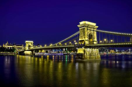 链桥，布达佩斯，夜晚，灯光