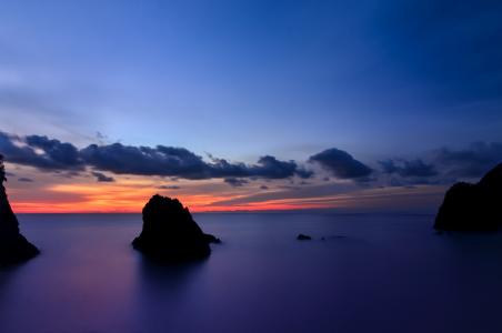 日本，静冈县，岛，岸，岩石，海洋，sh，晚上，橙色直到，日落，蓝色，天空，云