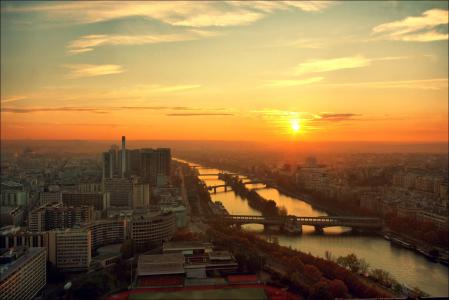 巴黎，河，城市，黎明