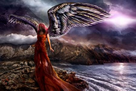 天使，黑色，白色，翅膀，红色，连衣裙，海，山，岩石，石，岸