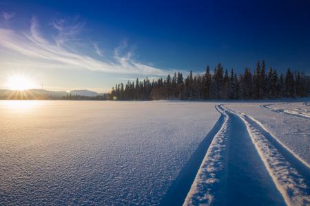 手，雪，冬天，鲁卡，库萨莫，车辙，芬兰，湖，芬兰，库萨莫，森林，日落