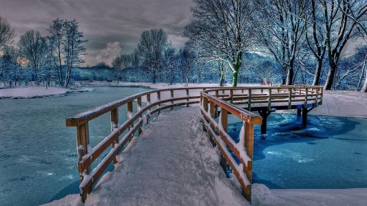 冬天，雪，人行桥，美女，冬季，大自然，河流