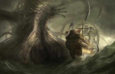 海，怪物，船，巨人，艺术