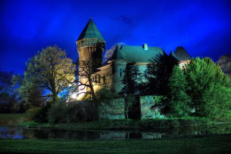城堡，堡垒，德国，克雷菲尔德 - 伯格林恩，夜