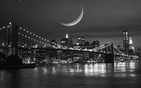 纽约，城市，夜，月亮，河，桥，灯，房屋，建筑物，天空，星星，反射，ch.b.