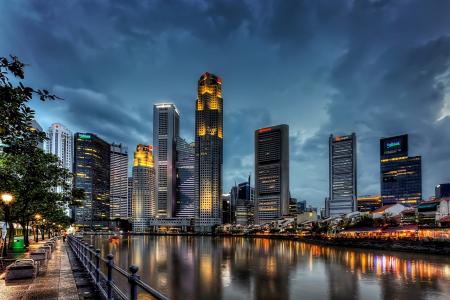 新加坡，新加坡，晚上，城市，云，湾，水，灯，反射，房屋，摩天大楼，摩天大楼