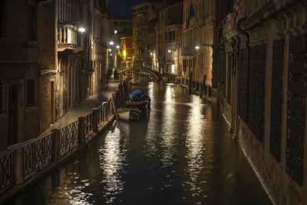威尼斯，晚上，运河，船，桥，灯