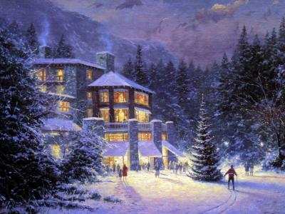 冬季，假期，树，森林，人，圣诞节，绘画，圣诞节在ahwahnee，圣诞节，托马斯金凯德，绘画