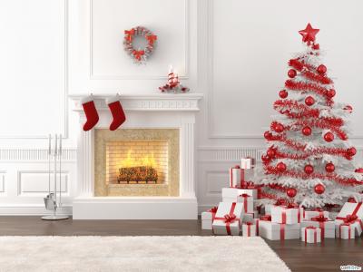圣诞树，礼物，球，壁炉，新的一年