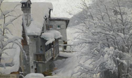风景，La Punt-Chamouachesch，房子，Peder Mork Monsted，Peter MurkMönsted，冬天，雪，绘画