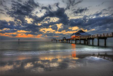 日落，码头克利尔沃特，佛罗里达州，景观