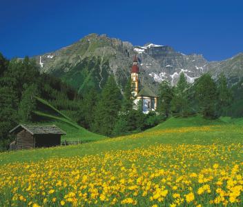 奥地利，山，小房子，教堂，景观