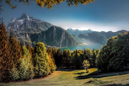 奥地利，湖，山，树，秋天，美女