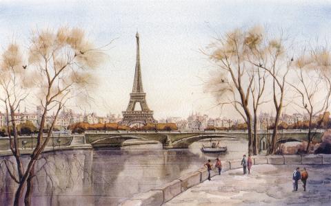 法国，巴黎，河，绘图，埃菲尔铁塔，城市
