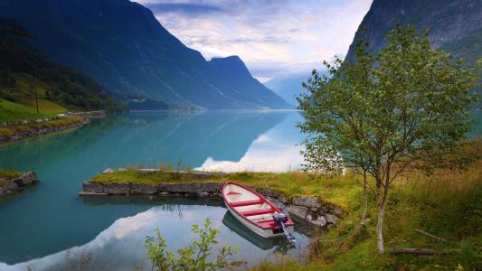 湖，船，挪威，挪威，山，桦树，树，景观