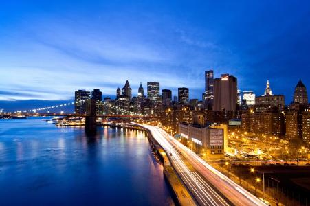 城市，纽约，晚上，灯，桥