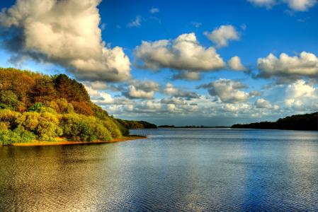 湖，天空，英格兰，Rivington，水库，云