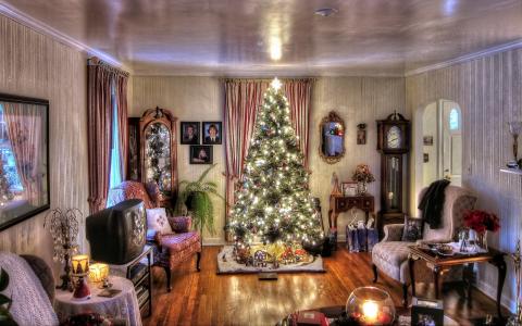 圣诞树，玩具，装饰品，花环，灯，蜡烛，假期，房间，古董家具，时钟，室内