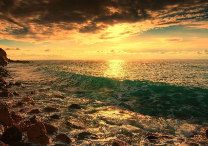 海，日落，波浪，石头，海岸