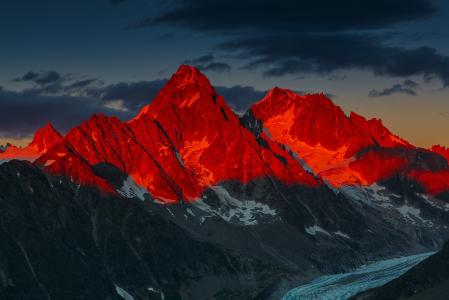 Alpenglow在冰川d Argentiere，阿尔卑斯山，阿尔卑斯山，山，天空，夜，日落，冰川，风景，自然