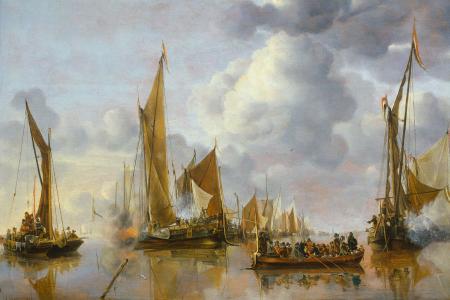 帆，海景，从政府船敬礼，Jan van de Capelle，船，图片