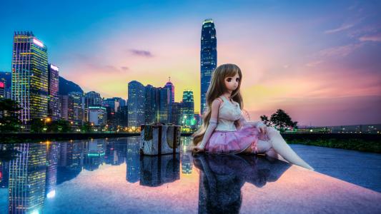 添马舰公园，金钟，香港，中国，香港，中国，城市，建筑物，玩具，娃娃，反射，日落