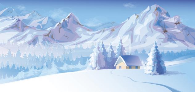 房子，烟，树，冬天，山，雪