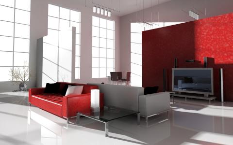 白色的房间，红色的沙发