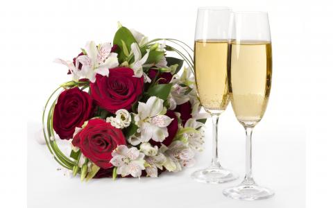 花，玫瑰，花束，香槟，眼镜，鲜花