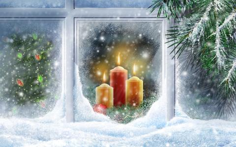 新的一年，窗口，树，分支机构，雪，蜡烛，假日