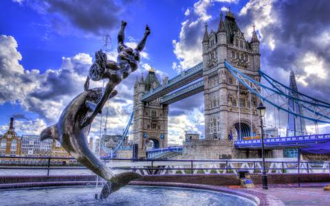 伦敦，英格兰，天空，云，桥，喷泉