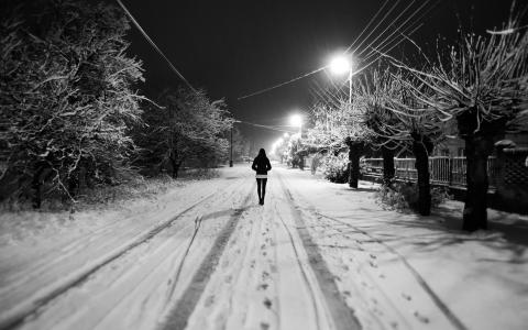 女孩，路，晚上，冬天