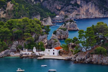 希腊，海，岩石，房子，小船，景观
