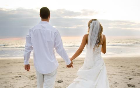 爱，婚礼，新娘，面纱，新婚夫妇，海滩，海洋，爱情