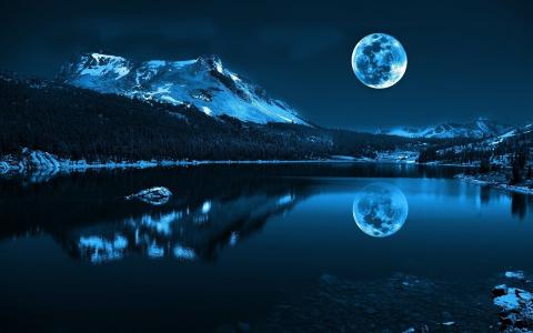 月亮，夜晚，湖泊，山脉