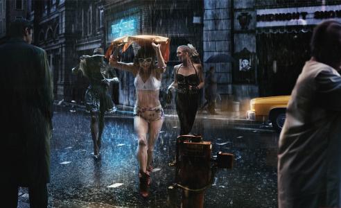 女孩，街道，雨，欢乐，雨伞，男人，雨衣