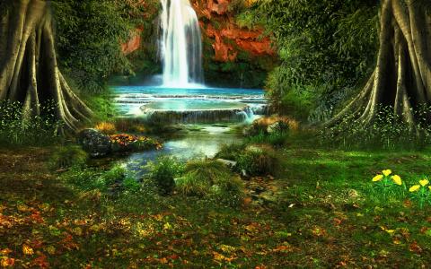 瀑布，树木，植被，自然，景观