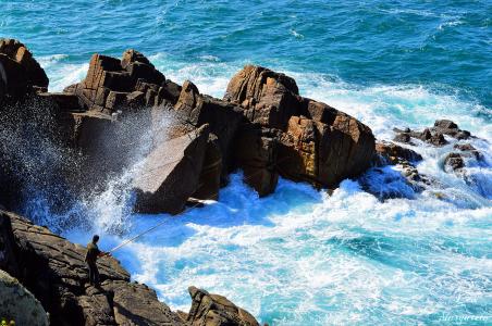 海，岩石，波浪，渔夫，景观