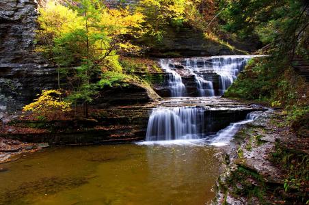 秋天，瀑布，树木，岩石，景观