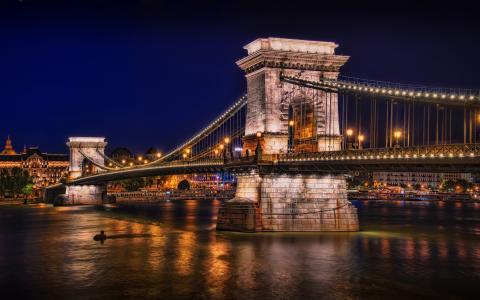 晚上，河，链桥，桥，灯，灯，海湾，布达佩斯