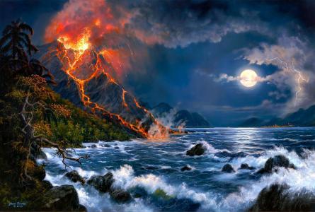 杰西巴恩斯，海，火山，火山爆发，景观，艺术