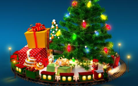 圣诞树，礼物，火车，玩具