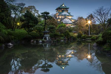 日本，大阪，武士城堡，池塘，晚上，灯，美丽，夏天