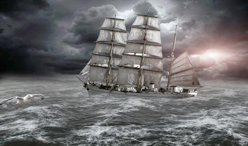帆船，海，风暴，海鸥