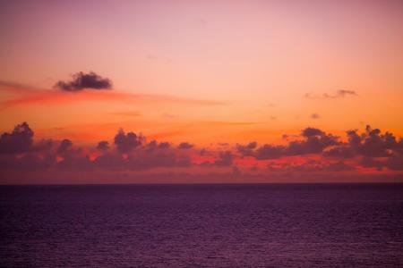 日落，海，地平线，云，橙色的天空