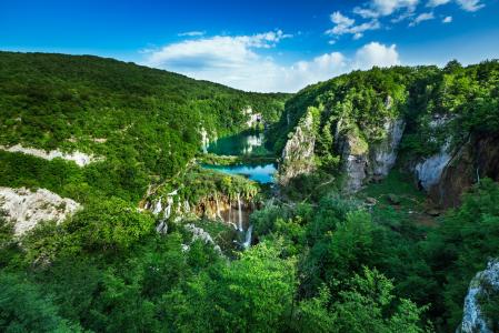 十六湖国家公园，Donja Jezera，克罗地亚，国家公园，普利特维切湖，克罗地亚，瀑布，森林，岩石，瀑布，全景，景观