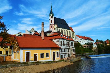 捷克克鲁姆洛夫，捷克共和国，河流，摩尔多瓦，房屋，教堂