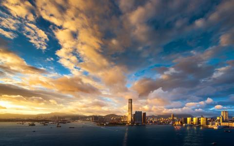 香港，晚上，日落，云，天空
