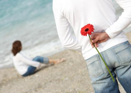 情侣，海滩，花卉，浪漫，爱情