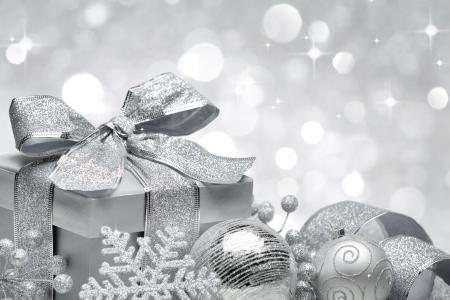 圣诞快乐，散景，新的一年，球，银礼物，装饰